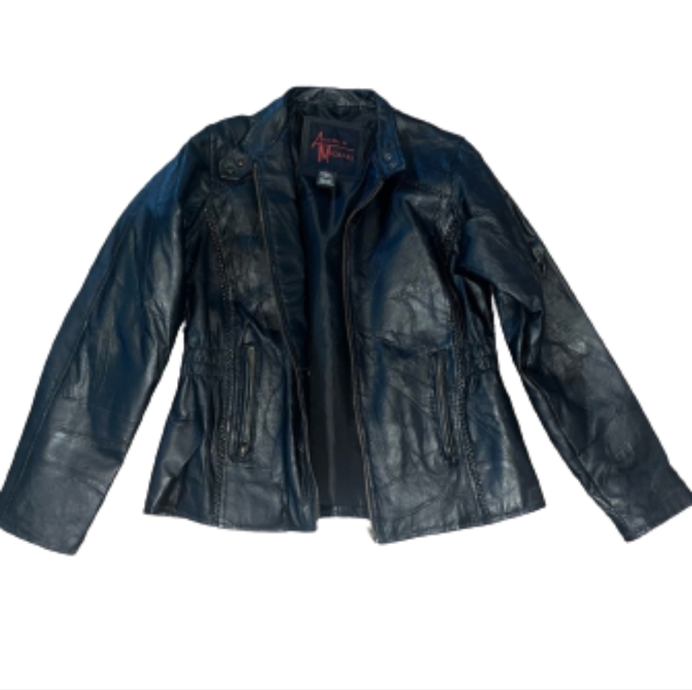 Andrew Michael Black Quilted Pattern with Rope Design Leather Jacket Sz Medium
